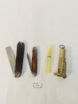 LOTE COM  4 PEÇAS SENDO 2 CANIVESTES ANTIGOS 1 COM LAMINA EM INOX, APRENTAM MARCAS DO TEMPO, 1 MINI  CANETA TINTEIRO SP NA COR AMARELA E ISQUEIRO DE TRINCHEIRA BOOKSTONE EM METAL DOURADO COM MARCAS DO TEMPO.MEDIDA: MAIOR CANIVETE 10,5 CM, MENOR CANIVETE 8 CM, CANETA 7,5 CM, ISQUEIRO 8,5 CM DE COMPRIMENTO