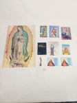 LOTE RELIGIOSO COM 1 TERÇO, ESCAPULARIO, 6 SANTINHOS, 1 GRAVURA DE N. S DE GUADALUPE E 1PEQUENO LIVRO MINUTOS DE SABEDORIA C. TORRES PASTORINO. MEDIDA: MAIOR GRAVURA 42,5 CM X 28 CM DE LARGURA, MENOR ESCAPULARIO FECHADO 8 CM