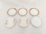 JOGO COM 6 PIRES SENDO 5 EM PORCELANA REAL E 1 PORCELANA  VISTA ALEGRE, POTUGUESA  EM DIVERSOS MODELOS COM MARCAS DE USO, COM BICADO. MEDIDA: 14,5 CM D X 2 CM DE ALTURA
