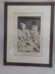 GRAVURA   EMOLDURADA  EM MADEIRA E VIDRO   REPRESENTANDO   DE  FIGURA FEMININA COM TOURO, COM ESTILO DE DESENHO EXPRESSIVO E LINHAS SOLTAS MOLDURA EM MADERIA ESCURA. MEDIDA: 85 CM DE ALTURA X 66,5 CM DE LARGURA, NUMERADAMEDIDA  CONSIDERADA GRANDES VOLUMES