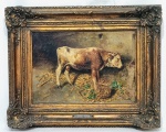 TITO PELLICCIOTTI (BARISCIANO-ITA, 1817 - 1950) - Lindíssima e rara pintura finamente executada em técnica de óleo sobre antiga placa, representando expressiva vaca riquíssima em movimentos e colorações. Assinada no C.I.D. Mede 25,0 x 35.0 cm. Enquadrada em moldura de madeira de lei da época, ricamente trabalhada e patinada medindo 40,0 x 50,0 cm. Bom estado de conservação. NOTA SOBRE O ARTISTA: Ele nasceu em Barisciano em 1871, filho de Carlo Pellicciotti, um escultor local, que incentivou a educação artística do filho, e Maria Tomassetti. Em meados da década de 1880, ele frequentou a Escola de Artes e Ofícios de L' Aquila , dirigida por Teófilo Patini , enquanto em 1890 mudou-se para Nápoles , matriculando-se no Instituto de Belas Artes da cidade e estudando com Domenico Morelli e Filippo Palizzi . Ele então frequentou brevemente o círculo de Francesco Paolo Michetti em Francavilla al Mare , mas retornou imediatamente à sua cidade natal, onde se dedicou à pintura em muitas encomendas.Entre 1911 e 1912 participou da guerra ítalo-turca na Líbia , durante a qual aprendeu um gênero pictórico oriental. De volta à Itália, ele organizou diversas exposições entre L'Aquila, Nápoles e Roma e participou de diversas exposições coletivas no exterior. Ele morreu em seu país natal em 1950.