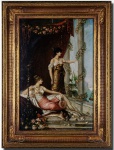 MARIANO FORTUNY Y CARBO (REUS,ESPANHA 1838 - 1874 ROMA,ITÁLIA) - Belíssima pintura finamente executada a óleo sobre madeira com fino acabamento, representando linda cena edílica. Obra digna de museu. Assinado no C.I.D. medindo 26 x 39 cm. Acompanha elegante moldura de época em madeira nobre trabalhada medindo 38,5 x 51,5 cm. Excelente estado de conservação. Espanha século XIX. NOTA SOBRE O ARTISTA: Mariano José Maria Bernardo Fortuny y Marsal nasceu em Reus, na Espanha, no dia 11 de junho de 1838. Não foi difícil descobrir e lapidar sua veia artística, uma vez que nasceu numa família repleta de artistas. Seu próprio avô ficou com sua guarda desde os seis anos de idade, quando ele ficou órfão. Foi o avô quem incentivou sua carreira artística, colocando-o aos cuidados iniciais com o pintor Domènec Soberano. Também foi na infância que ajudou o ourives e miniaturista Antoni Bassa, atividade que influenciará bastante sua carreira futura como pintor, dando ênfase a minuciosos detalhes.Em 1852 mudou-se para Barcelona na companhia de seu avô. Lá foi trabalhar na oficina do escultor Domènec Talarn, que, satisfeito com os avanços de seu jovem aluno, conseguiu uma pequena pensão para a Obra Pia e aulas gratuitas na Escola de Belas Artes de La Lonja, onde receberá pela primeira vez um vez treinamento oficial. Seus professores na Escola serão Pablo Milà e Fontanals, Luis Rigalt e Claudio Lorenzale. Em 1858, ele se mudou pela primeira vez para Roma com uma pensão da Deputação de Barcelona, onde estabelecerá amizade com outros artistas espanhóis da cidade, como Eduardo Rosales ou Dióscoro Puebla. Esta pensão tinha uma restrição rigorosa, já que ele tinha que enviar constantemente algumas de suas obras para a Deputação para validar sua estadia. Em Roma, também conheceu vários artistas italianos; entre todos eles, Attilio Simonetti, que tornou-se seu discípulo e amigo fraterno. Em paralelo, ele frequentou a escola particular de Lorenzale, onde desenvolveu, em uma visão mais ampla, seu gosto pelo romance.Em 1860, surgiu a Primeira Guerra de Marrocos, e a Deputação de Barcelona encomendou a Fortuny viajar para este país para se tornar um cronista gráfico do concurso, na companhia de Pedro Antonio de Alarcón. Ali, ele seria integrado como pintor no regimento do general Juan Prim. Em 12 de fevereiro de 1860, sua chegada a estas terras foi registrada e ele começou seu trabalho como cronista de eventos. Em solo africano, deixa-se influenciar pela luz ofuscante e principalmente pela paisagem ampla, além dos marroquinos e seus costumes, chegando a aprender inclusive um pouco do idioma local. A estadia em Marrocos não apenas gerou futuramente uma de suas telas mais famosas, A batalha de Tetuán, mas também traria mudanças importantes em sua pintura, para o resto de sua vida. No retorno para a Espanha, ele passaria em Barcelona, onde ele criaria uma amizade com a família de Madrazo.Mais uma vez em Roma, ele frequentaria a Academia de Belas Artes da França na Villa Medici, onde começaria esboços para o trabalho A Batalha de Tetuán. Mais tarde, em setembro e outubro de 1862, pediu à Deputação de Barcelona que voltasse para a África para fazer um estudo da luz do lugar em troca de enviar obras que ele aumentaria durante sua permanência em Marrocos. Esta viagem confirmou ainda mais a influência em seu estilo quando ele voltou. Suas obras foram transformadas com um estilo oriental, percebido em seu trabalho Rainha Maria Cristina revisando as tropas, solicitado pelo duque de Riansares.Fortuny casou-se com Cecilia de Madrazo, filha do pintor Federico de Madrazo e irmã do pintor Raimundo de Madrazo, com quem estabeleceria uma amizade íntima e com quem compartilhava um gosto por touradas. Esta manifestação artística apaixonou o pintor que ficou deslumbrado com seus valores plásticos e impressionado pela mistura de cor e drama ritual, elegância e brutalidade do universo taurino. Raimundo de Madrazo concluiria, depois da morte de Fortuny, um dos quadros mais expressivos do artista. Um período depois, ele pintou uma de suas pinturas mais famosas: La vicaría, considerado como o clímax de sua carreira. Aqui todos os aspectos característicos de seu trabalho estão resumidos; a meticulosidade e o uso metódico da cor, assim como o estudo exaustivo mediante o uso de luz adequada.A publicação subsequente de suas obras em gravuras acabaria por catapultar seu trabalho ao sucesso final. Em 1870, Fortuny mudou-se para Paris, onde contemplou as obras do Museu do Louvre e do Museu do Luxemburgo, sendo especialmente interessado em artistas como Horace Vernet, Eugène Fromentin, Alexandre Decamps e, especialmente, Eugène Delacroix. Naquele ano, ele exibiu várias obras no salão parisiense de Adolphe Goupil. Esta mostra foi elogiada por vários críticos como Théophile Gautier e foi um passo fundamental na sua consagração internacional. Em 1868, os Fortuny são instalados em Granada, onde Mariano pintou várias obras e onde ele vai atrair alguns de seus amigos de Paris, como Martin Rico, Jules Worms e Eduardo Zamachois.Fortuny viajou brevemente para Londres, e depois para Nápoles, com uma passagem também pela pequena cidade de Portici, no sul da Itália, onde produziria belos trabalhos. Naquela época, ele manifestava sintomas de depressão; o sucesso comercial o elevou a uma posição social e econômica invejável, mas a clientela exigiu um tipo de pintura que o impedia de evoluir. Em maio de 1874, ele voltou para Paris com a intenção de quebrar seu relacionamento com Goupil, e fugir dos compromissos das encomendas. Finalmente, em 9 de novembro de 1874, ele retornou a Roma, onde morreu em 21 de novembro, devido a uma hemorragia no estômago causada por uma úlcera. Em abril de 1875, as pinturas que ainda estavam em seu estúdio e os diferentes objetos que Fortuny havia coletado em toda sua carreira foram leiloados no Hotel Drouot em Paris, atingindo preços exorbitantes. Mariano Fortuny y Marsal, o artista espanhol que teve uma maior presença internacional no último terço do século XIX, foi um verdadeiro inovador em todas as obras da arte que produziu. Na pintura a óleo, sua técnica precisa, colorida e brilhante permitiu-lhe uma nova abordagem da natureza, especialmente na captura de luz. Isso foi influenciado pelo seu domínio da aquarela, que o consagrou como o grande promotor desta técnica em seu tempo. A prática assídua do desenho, rápida e nervosa, é o fundamento de sua capacidade de refletir os diferentes aspectos da realidade. Gravurista excepcional, foi um dos mais respeitados de sua época. Finalmente, a paixão por colecionar levou-o a reunir em seu ateliê um grande número de obras de arte e antiguidades, muitas das quais são apresentadas em museus proeminentes. N4