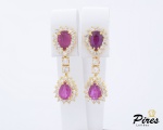 Brincos Design Gota Dupla Ouro Amarelo 18K com 4 Rubis e 78 Pontos de Diamantes, Lapidação: 8/8, Cor