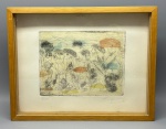 QUADRO - J. CERQUEIRA - Litografia constituida por traços finos, sobreposição de cores suaves. Tiragem numerado 7/20 - Assinado a lápis. Moldura em madeira e vidro estilo aquário. Med. 15x19 cm.