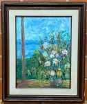QUADRO - VALDIR TEIXEIRA (1946) - OST - Retratando arranjo de flores em primeiro plano e paisagem marinha ao fundo, cores vivas. (VALDIR TEIXEIRA, discipulo de Manoel Santiago.). Med. 64x49 cm e ???