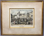 QUADRO - Johann Moritz Rugendas (1802-1858) - RUA DIREITA - Reprodução aquarelada da litografia que retrata a Rua Direita, no Rio de Janeiro, no início do século XIX. A imagem mostra a movimentação do comércio e a diversidade da população, incluindo pessoas negras realizando diversos trabalhos, como marcenaria, sapataria, alfaiataria, além de atividades como marinheiros e vendedores. A Rua Direita, na época, era o centro comercial do Rio de Janeiro. Envidraçada e emoldura. Med. 44x36 cm. Marcas do tempo.