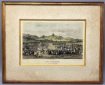 QUADRO - Johann Moritz Rugendas (1802-1858) - SÂO CHRISTOVÃO - Reprodução aquarelada da litografia que retrata a São Christovão, no Rio de Janeiro, no início do século XIX. A imagem mostra a movimentação do comércio e a diversidade da população, São Cristóvão era um local importante na época, e Rugendas, através de suas obras, documentou a paisagem, os costumes e a sociedade brasileira daquele período. Envidraçada e emoldura. Med. 44x36 cm. Marcas do tempo.
