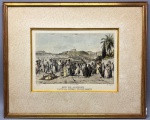 QUADRO - Johann Moritz Rugendas (1802-1858) - A VISTA DA IGREJA DE SÃO BENTO - Reprodução aquarelada da litografia que retrata a a vista da Igreja de São Bento, no Rio de Janeiro, no início do século XIX. A imagem mostra um espaço público movimentado, com a presença de diversos tipos de pessoas, como militares, comerciantes, vendedores e senhoras da alta sociedade. Envidraçada e emoldura. Med. 44x36 cm. Marcas do tempo.