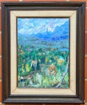 QUADRO - VALDIR TEIXEIRA (1946) - OST - Retratando  uma paisagem montanhosa em estilo impressionista - Uma vista panorâmica com montanhas ao fundo, cobertas por nuvens e neblina. Sendo em primeiro plano: Uma área verde exuberante com árvores de folhagem variada, algumas com tons outonais, e casas dispersas, indicando uma área rural ou suburbana. Predominam os tons de verde e azul, com toques de amarelo e laranja nas árvores, e branco e cinzanasnuvens. (VALDIR TEIXEIRA, discipulo de Manoel Santiago.). Med. 62x46 cm e 89x73 cm.