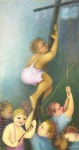 QUADRO - MESSIAS NEIVA (1925 - 2020) - OST - Retratando CRIANÇAS, uma delas subindo em uma cruz, enquanto as outras estão primeiro plano com varas nas mãos. Assinado. Med. 61x33 cm.