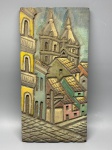 ARTE BRASILEIRA  Dácio  Quadro em madeira entalhada e policromada, medindo 40 x 20 cm.Cena urbana com casario colorido e igreja ao fundo, entalhada em alto-relevo diretamente na madeira. Trabalho assinado na base pelo artista Dácio, com composição de forte apelo visual e expressão popular. Policromia original com marcas do tempo e pequenas perdas, que não comprometem a leitura da obra.Peça decorativa e colecionável, representativa da arte popular brasileira em madeira.