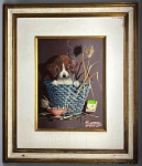 ALFANO DARDARI (1924 - 1988) ESCOLA ITALIANA - "CÃO - CESTO - CINZEIRO" Pintura com técnica de TROMPE-L´OEIL, OST., assinado e datado 1984. Alfano Alfredo Dardari foi um importante e popular pintor italiano que se descatou no mercado utlizando a técnica de perspectiva Trompe-l'il . Em 1979, ele recebeu o Golden Brush Award. Seus trabalhos são muito apreciados nos Estados Unidos e atingem altas cotações. Med. 40X29 cm e moldura 67x57 cm.
