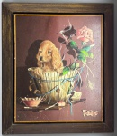 ALFANO DARDARI (1924 - 1988) ESCOLA ITALIANA - "CÃO - CESTO - CINZEIRO" Pintura com técnica de TROMPE-L´OEIL, OST., assinado e datado 1982. Alfano Alfredo Dardari foi um importante e popular pintor italiano que se descatou no mercado utlizando a técnica de perspectiva Trompe-l'il . Em 1979, ele recebeu o Golden Brush Award. Seus trabalhos são muito apreciados nos Estados Unidos e atingem altas cotações. Med. 56X46 cm e moldura 70X61 cm.
