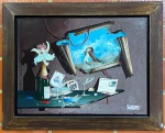ALFANO DARDARI (1924 - 1988) ESCOLA ITALIANA - "BARALHO - CARTA - CAVALO" - Com deticatória no verso. Localizado ROMA. Pintura com técnica de TROMPE-L´OEIL, OST., Assinado frente e verso e datado 1981. CURIOSIDADE: Alfano Alfredo Dardari foi um importante e popular pintor italiano que se descatou no mercado utlizando a técnica de perspectiva Trompe-l'il . Em 1979, ele recebeu o Golden Brush Award. Seus trabalhos são muito apreciados nos Estados Unidos e atingem altas cotações. Med. 59x79 cm e moldura 80x100 cm.