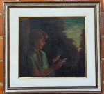 QUADRO - OST - Homem e pássaro. Assinado - Assinatura não identificada. Med. 54x60 cm e 83x89 cm. Pequenas perdas.