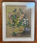 QUADRO - SANDRA DARDARI - Técnica Mista - Cesto de flores - Assinado. Envidraçado e emoldurado. Med. 63x49 cm e 85x73 cm. Datado no verso 1985.