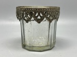 DEMI CRISTAL - Vasinho/Castiçal em demi cristal espelhado com adorno em metal prateado. Med. 10x10 cm.