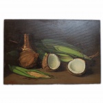 LUIZ A. FIORE - Óleo sobre eucatex - "Coco e milho", sem moldura. Assinatura CID, sem data. 40 x 60 cm.