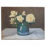 LUIZ A. FIORE - Óleo sobre eucatex - "Vazo de rosas", sem moldura. Sem assinatura, sem data. 30 x 40 cm.