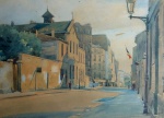 AQUARELA - "Cena urbana com Igreja", David, Paul - Paris, França - 1936. Mede 30 x 48 cm. Papel especial, marca gravada em relevo (ver detalhe). Raridade, apresenta marcas do tempo.
