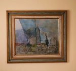 PINTURA - "Casa no campo" - Acrílica s/ madeira, assinada CID, artista não identificado, 1943. Estilo marcado por traços de arquitetura, belíssimo trabalho. Mede  64 x 44 cm.