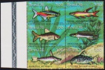 Brasil 1976 - Peixes, sextilha completa de selos comemorativos sem carimbo com goma e variedade de DESLOCAMENTO DA COR PRETA para baixo! Apenas uma folha conhecida (6 sextilhas como essa)! Oportunidade!