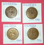 4 Moedas Inglaterra One Penny !!! material bronze !! Sequencia dos anos de 1917 , 1918 , 1919 e 1920 !! + de 100 Anos !!  acervo de colecionador !! dificil de aparecer !!