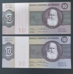 Cedula _ Brasil - 2 peças valor de 10 Cruzeiros Flor de Estampa !! diferentes deries A e B !!! assinatura de Mario Henrique Simonsem !! valor de mercado cerca de = 40,00 reais