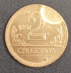 Moeda - Brasil !! valor de 2 Cruzeiros ano de 1951 !! ERRO batida na ponta amassado !!! material bronze !! Soberba !!