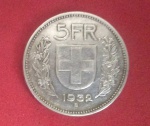 Moeda--valor de 5 francos ano 1932 helvetiva, material prata