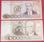 2 Cedulas - brasil - valor de 10.000 e 50.000 cruzeiros !! com carimbo de Cruzados !! flor de estampa !!   !! valor de estimativa de mercado pelo somatório das peças = 50,00 reais