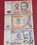 3 Cedulas - Republica do Peru !! !! Valores diferentes 10 , 50 e 100 Intis !! Soberbas  !!decreto de 1986 ; 1987 !!    !! 