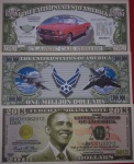 3 Cedulas  / Fantasia !! Obama !! + Mustang Conversivel Vermelho ano de 1965 !!! E Air Force /USA  !!!!