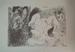 Arte Erótica !! Autor Pablo Picasso !! Reprografia original !! Peça em fundo azul claro , desenho em bico de pena nanquim preto !!  !! , datado de 31-08-1968 !! - tamanho 36cmx26cm !!   perfeito para enquadrar !! acervo de colecionador !!  alto valor de mercado !!