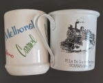 Colecionismo- 2 canecas de Coleção Propagandas e Viajem !! propaganda de remedios !! Cibalena, Melhoral !! etc.. e Companhia de Ferrovias de São paulo !! material louça e metalica !! com e sem alças !! acevo de colecionador !!