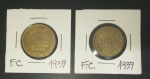 2 Moedas- Brasil - flor de Cunho !! valor de 1000 e 2000 Reis ano de 1939 !! material bronze -aluminio !! valor de mercado somatório= 100,00 reais