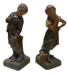 Par de esculturas em terracota com policromia representando Casal de Crianças em cena campestre, ass