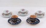 Cinco (05) xícaras de coleção para café com seus pires, sendo três em porcelana branca com flores e douração STEATITA e duas em faiança japonesa decoração pombinho em azul, marcada Made In Japan.