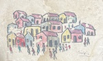 SILVIA, (Silvia de Léon Chalreo) (1905 Rio de Janeiro, RJ - 1987 Rio de janeiro, RJ) - "Casario Com Figuras" técnica mista, A.C.I.D, déc de 70. Med 11x18 cm. Obs: Ausência de moldura. Silvia, foi uma jornalista, crítica de artes e teatro, escritora, tradutora, pintora, gravadora e ilustradora brasileira. apresenta marcas do tempo.