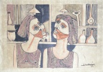 JUAN CENTURION - "Figuras" técnica mista, A.C.I.D, datado de 1983. Med 50x70 cm. Obs: ausência de moldura, apresenta marcas, desgastes do tempo, e pequenos rasgos na borda.