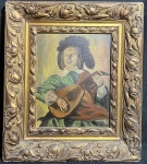 ASSINATURA NÃO IDENTIFICADA (Escola Europeia) - "Cena de época" O.S.T, colado em cartão, A.C.I.D. circa 1900. Med 42x36 cm (Com moldura).