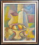 J.MORAIS, José Moraes (Rio de Janeiro, 1921  São Paulo, 2003) - "Natureza Morta" O.S.T colado em eucatex, A.C.I.D, datado de 1984. Med 53x46 cm (com moldura).  Obs: José Moraes, que assinava suas obras como J. Moraes, nasceu no bairro de Encantado, no Rio de Janeiro. Com 17 anos, ingressou na Escola Nacional de Belas Artes, onde estudou pintura com Marques Júnior e Quirino Campofiorito. No ano seguinte, Quirino o apresentou a Cândido Portinari, de quem se tornou amigo e, mais adiante, assistente de estúdio. Como assistente de Portinari, José Moraes ajudou o mestre a pintar o mural do São Francisco, na Igreja da Pampulha, em Belo Horizonte, projetada por Oscar Niemeyer. Sem expertise não garantimos autenticidade.