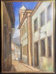 Y.TAKAOKA, Yoshiya Takaoka (Tóquio, 11 de junho de 1909 São Paulo, 11 de agosto de 1978) - "Casario Com Igreja" O.S.T,A.C.I.E, déc de 50. Med 83x62 cm (Com moldura). Obs: apresenta discretas marcas do tempo. sem expertise não garantimos autenticidade.