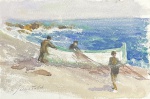 SERGIO TELLES, Sergio Barcellos Telles GCRB (Rio de Janeiro, 14 de abril de 1936 São Paulo, 24 de janeiro de 2022) - "Marinha Com Pescadores" O.S.C, A.C.I,E, déc de 70. Med 14x20 cm. Obs: Ausência de moldura.