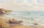 RUI DE PAULA (1961, cidade mineira de Jaboticatubas) - "Marinha Com Barco e Figuras" O.S.T, A.C.I.D, datado de 1991. Med 45x70 cm. Obs: Mineiro de Jaboticatubas, Rui de Paula é um artista eclético. Com traços firmes e pinceladas soltas, mostra toda sua criatividade em telas de paisagens rurais, naturezas mortas, cenas de gênero, entre outros motivos. Um impressionismo de grande sensibilidade, com efeitos de luz e combinações fascinantes de tons. O artista teve seu trabalho selecionado para ilustrar a capa do livro "Fazendas e Sabores" do programa Terra de Minas da Rede Globo em 2010, sendo destaque do mesmo. Possui obras em importantes coleções particulares, acervos públicos e orgãos nacionais e internacionais, livros e dicionários de arte em todo o Brasil. Ausencia de moldura.