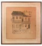 SUSSY - "Paisagem com Casario, Personagem e Igreja ao Fundo". Gravura. MI. 44 x 41,5cm. Assinado e datado (1980). Moldurado.59,5x57cm.