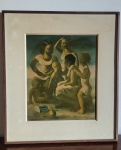 Quadro aucatexc, cena representando "Crianças" assinado. Med: 49,5x57 moldura/  30x37tela.
