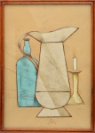 Carlos SCLIAR - "Bule, castiçal e Garrafa", vinil e colagem encerados sobre tela, assinado no CID, e datado de 91. Med.indo 56 x 37 cm.