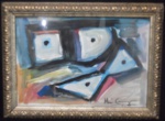 Iberê Camargo  (Restinga Sêca-RS, 1914 / Porto Alegre- RS, 1994)   Carretéis, Guache sobre Cartão, assinado no CID. Bela moldura em madeira de ley dourada,  envidraçada.Medindo 36 x 26 cm.