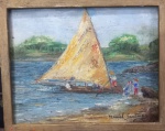 MANOEL SANTIAGO (1897 - 1987) - "Marinha Com Barco" - O.S.T., A.C.I.D, déc de 60. Med.: 22x18 cm.